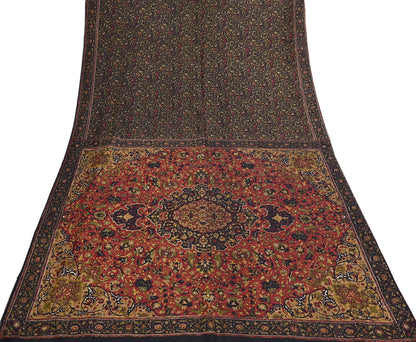Indian Vintage Red & Black Pure Silk Printed Saree 6Yards Soft Floral Fabric for Dressmaking, Quilting, Crafting, Sewing, Dress Making