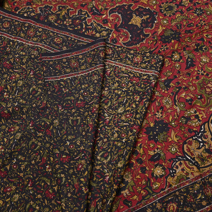 Indian Vintage Red & Black Pure Silk Printed Saree 6Yards Soft Floral Fabric for Dressmaking, Quilting, Crafting, Sewing, Dress Making
