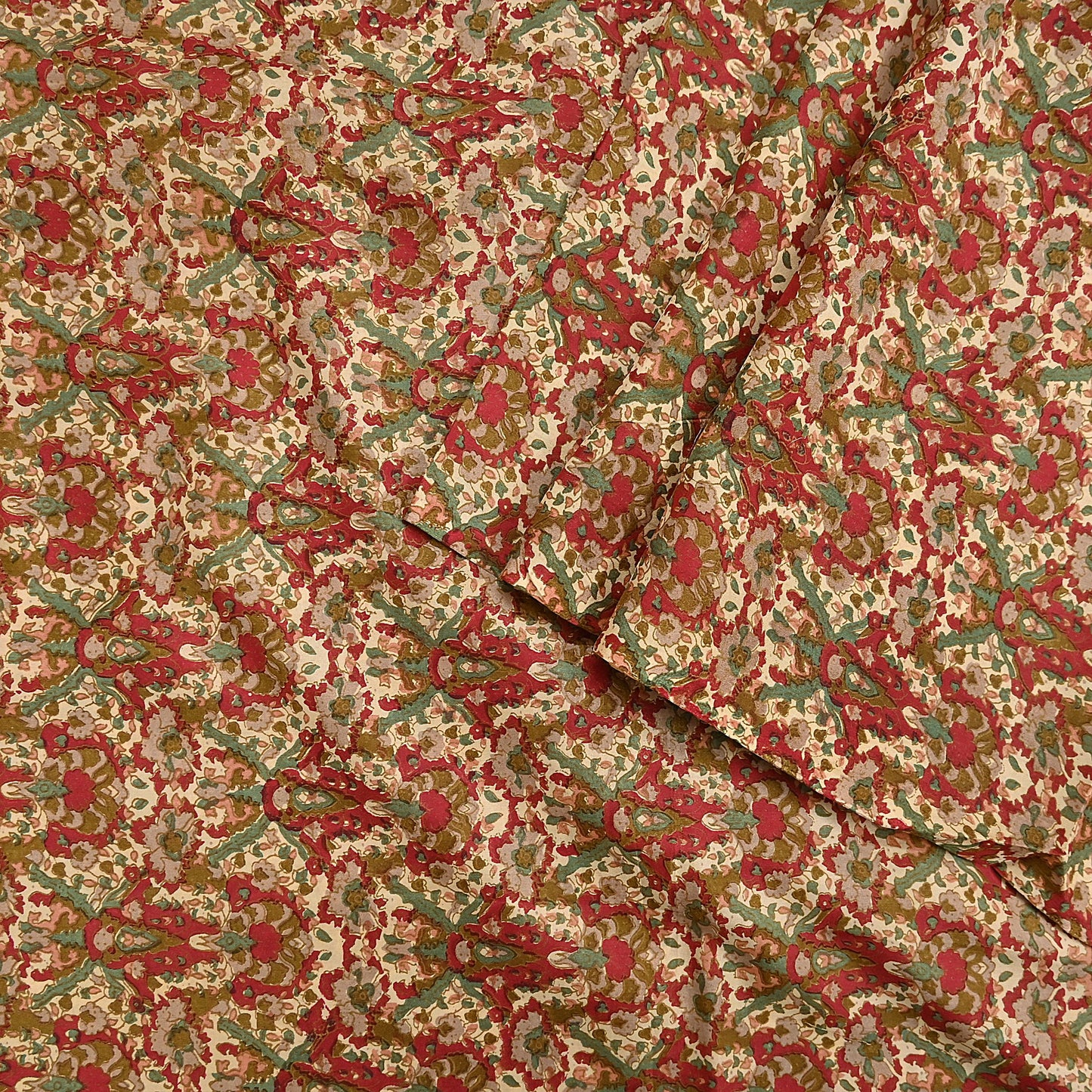 Indian Vintage Sari Beige & Red 100% Pure Silk Block Printed Sarees 6yd Craft Fabric Sewing Soft Dress Making Quilting Crafting Upcycle