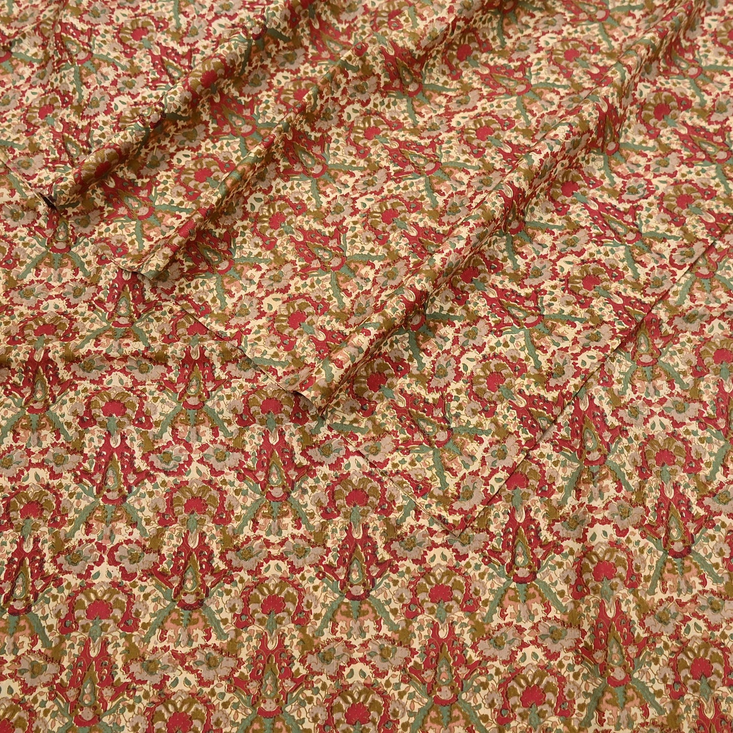 Indian Vintage Sari Beige & Red 100% Pure Silk Block Printed Sarees 6yd Craft Fabric Sewing Soft Dress Making Quilting Crafting Upcycle
