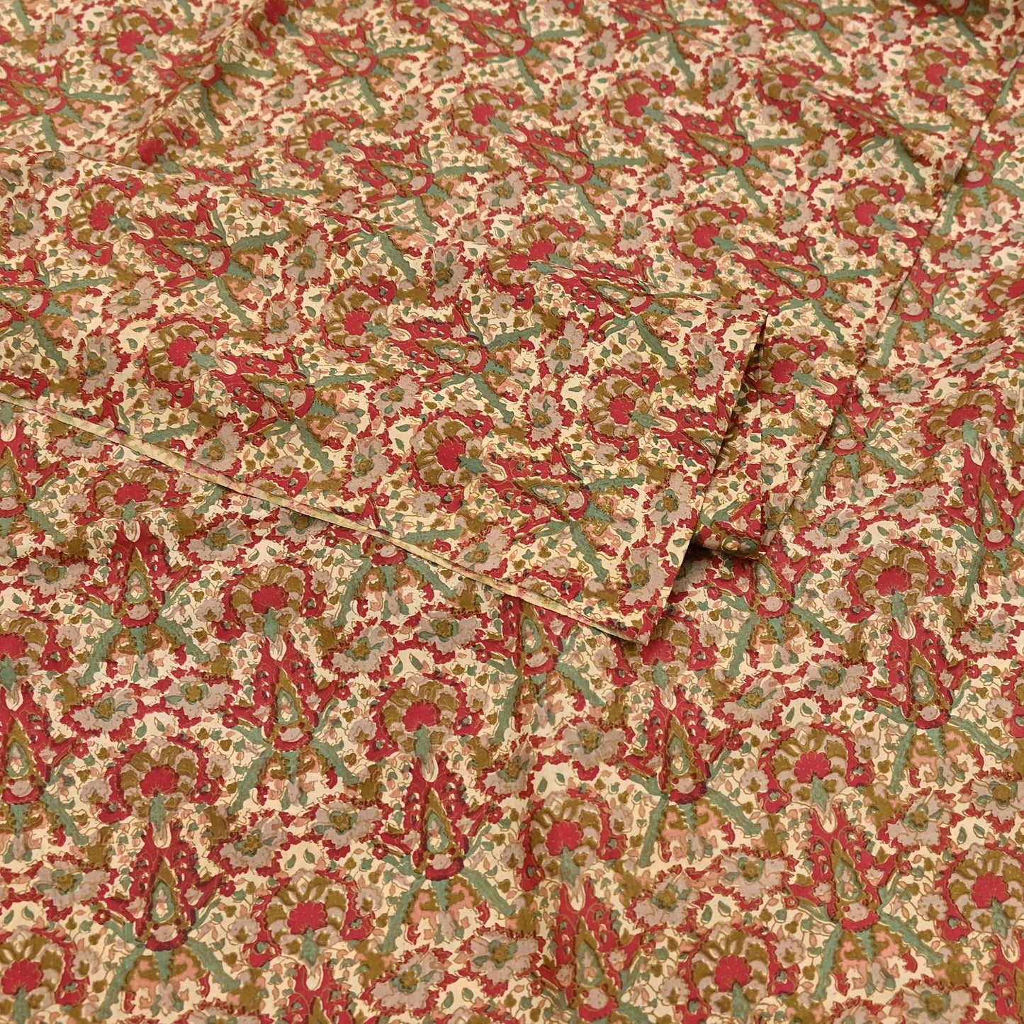 Indian Vintage Sari Beige & Red 100% Pure Silk Block Printed Sarees 6yd Craft Fabric Sewing Soft Dress Making Quilting Crafting Upcycle
