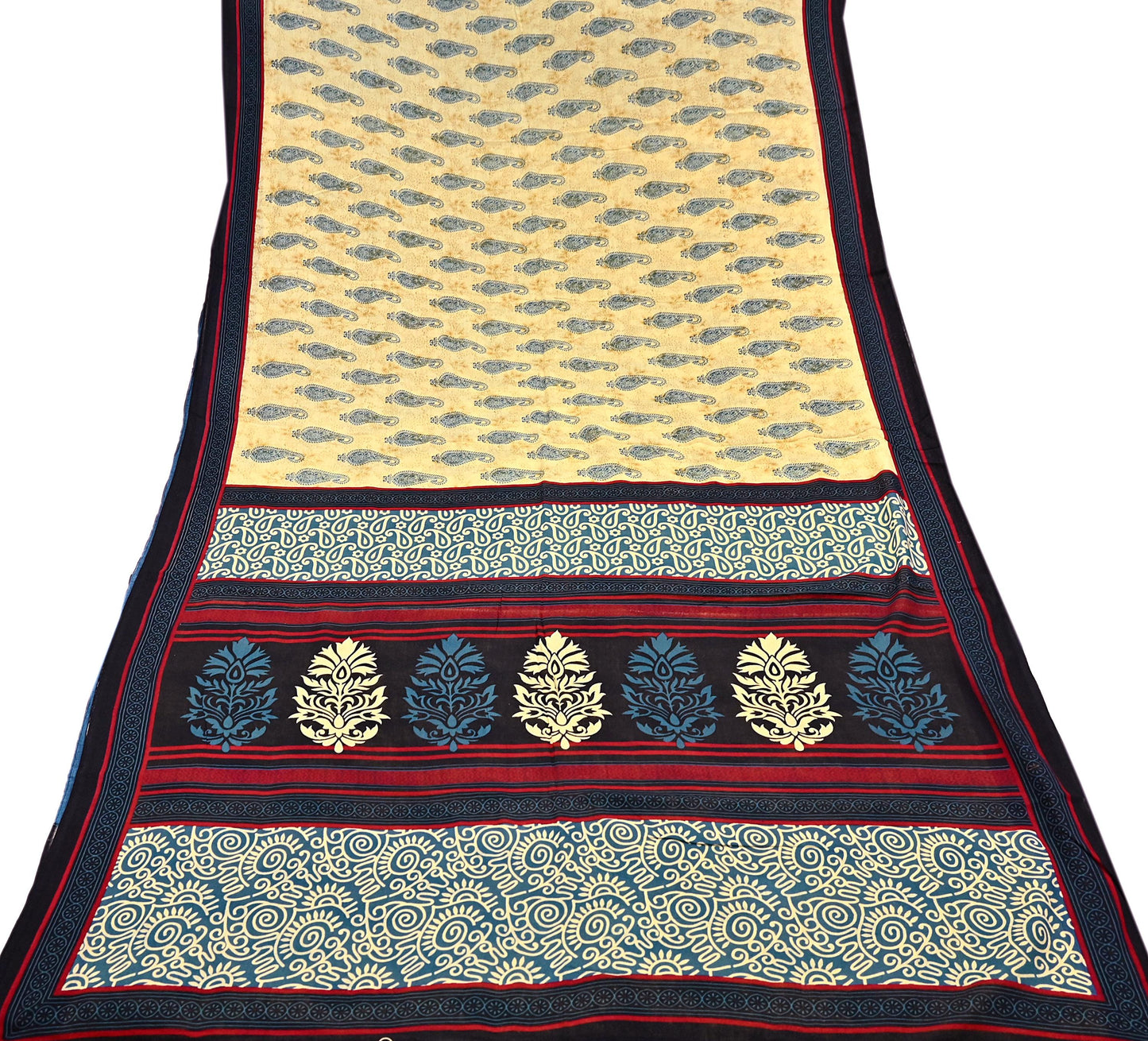 Indian Vintage Yellow & Teal Blue Saree Printed 100% Pure Cotton Sari Craft Fabric 5Yd Soft Sewing Sarong Wrap Dress Making Quilting