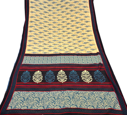 Indian Vintage Yellow & Teal Blue Saree Printed 100% Pure Cotton Sari Craft Fabric 5Yd Soft Sewing Sarong Wrap Dress Making Quilting