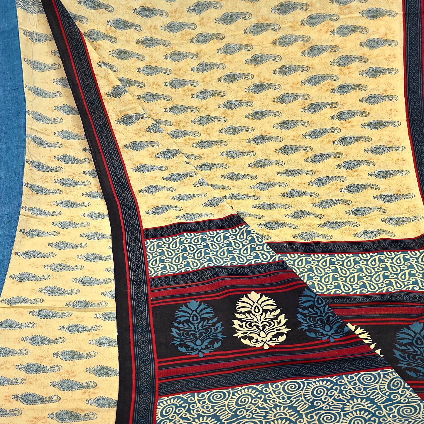 Indian Vintage Yellow & Teal Blue Saree Printed 100% Pure Cotton Sari Craft Fabric 5Yd Soft Sewing Sarong Wrap Dress Making Quilting