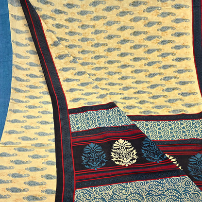 Indian Vintage Yellow & Teal Blue Saree Printed 100% Pure Cotton Sari Craft Fabric 5Yd Soft Sewing Sarong Wrap Dress Making Quilting