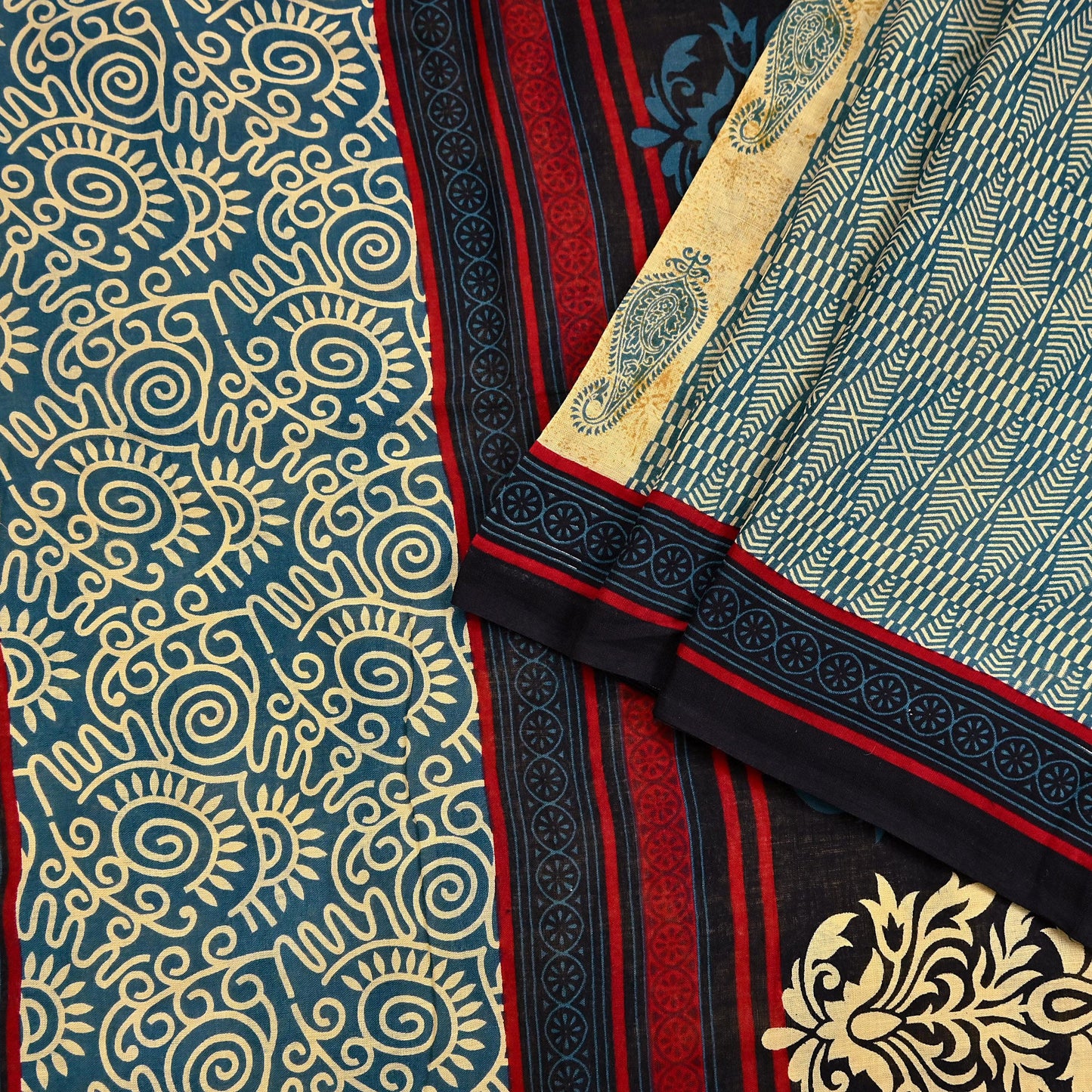 Indian Vintage Yellow & Teal Blue Saree Printed 100% Pure Cotton Sari Craft Fabric 5Yd Soft Sewing Sarong Wrap Dress Making Quilting