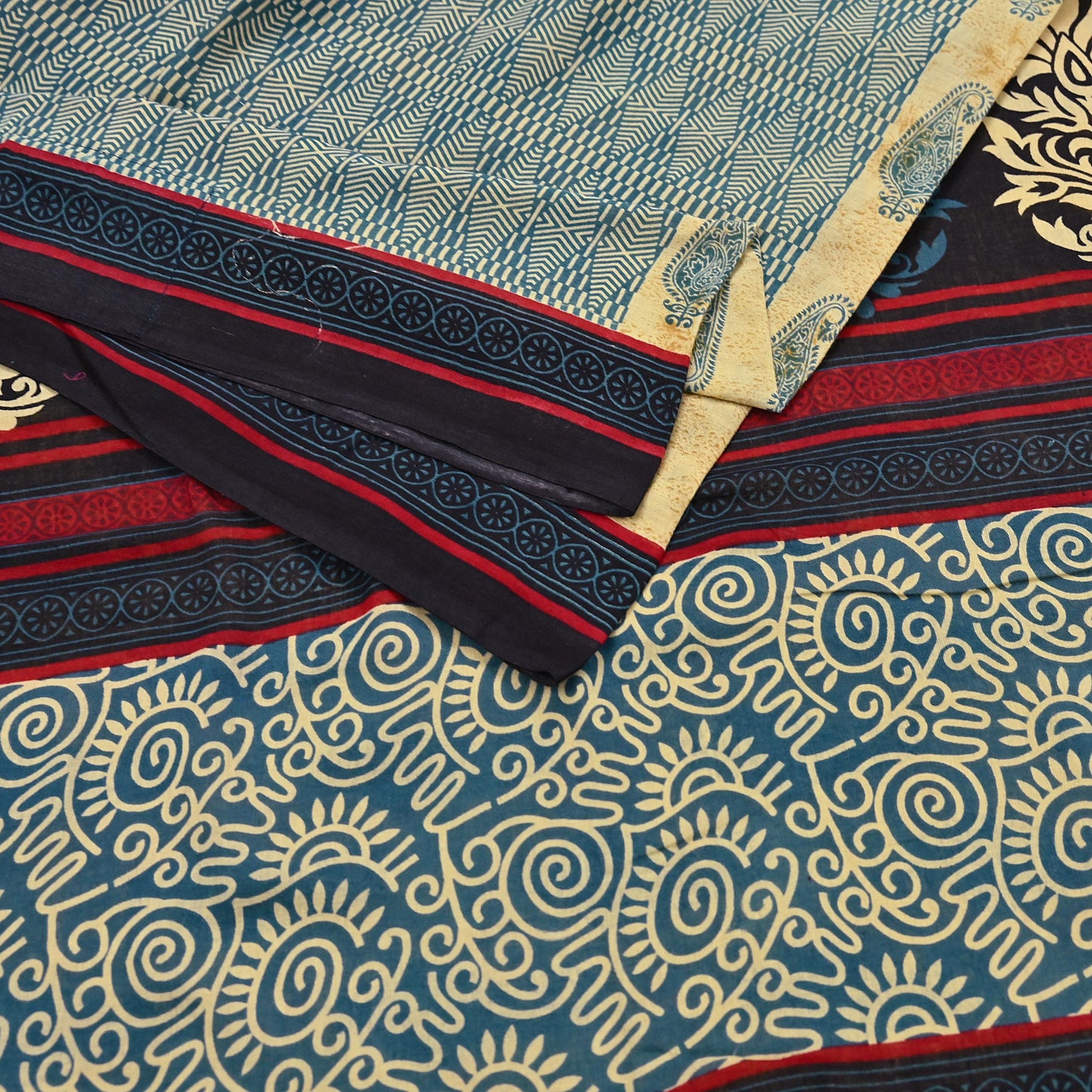 Indian Vintage Yellow & Teal Blue Saree Printed 100% Pure Cotton Sari Craft Fabric 5Yd Soft Sewing Sarong Wrap Dress Making Quilting