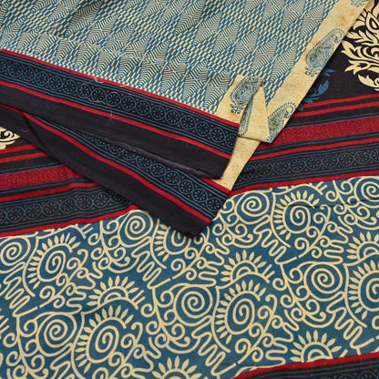 Indian Vintage Yellow & Teal Blue Saree Printed 100% Pure Cotton Sari Craft Fabric 5Yd Soft Sewing Sarong Wrap Dress Making Quilting