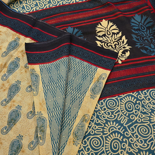 Indian Vintage Yellow & Teal Blue Saree Printed 100% Pure Cotton Sari Craft Fabric 5Yd Soft Sewing Sarong Wrap Dress Making Quilting