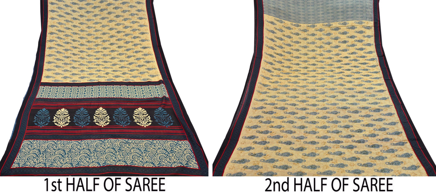 Indian Vintage Yellow & Teal Blue Saree Printed 100% Pure Cotton Sari Craft Fabric 5Yd Soft Sewing Sarong Wrap Dress Making Quilting