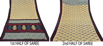 Indian Vintage Yellow & Teal Blue Saree Printed 100% Pure Cotton Sari Craft Fabric 5Yd Soft Sewing Sarong Wrap Dress Making Quilting