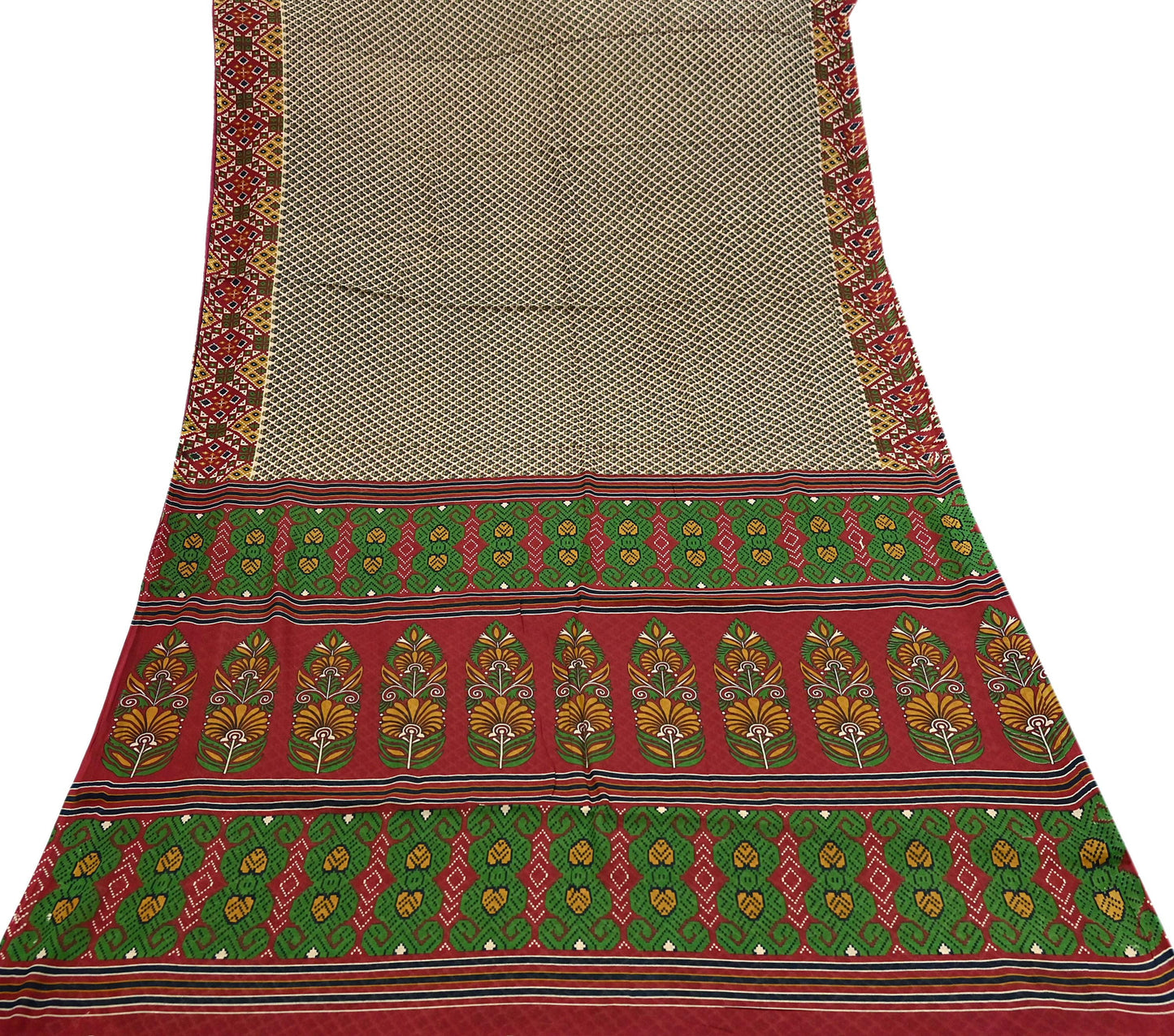 Indian Vintage Beige & red Saree Printed 100% Pure Cotton Sari Craft Fabric 5Yd Soft Sewing Sarong Wrap Dress Making Quilting