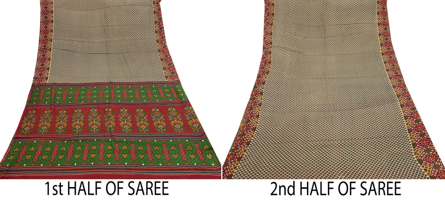Indian Vintage Beige & red Saree Printed 100% Pure Cotton Sari Craft Fabric 5Yd Soft Sewing Sarong Wrap Dress Making Quilting
