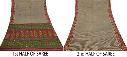 Indian Vintage Beige & red Saree Printed 100% Pure Cotton Sari Craft Fabric 5Yd Soft Sewing Sarong Wrap Dress Making Quilting