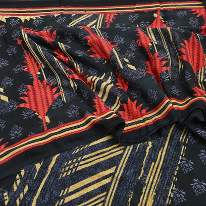 Indian Vintage Sari Gray & Black Printed Pure Cotton Sarees Fabric Floral 5Yd Sarong Wrap Boho Fabric Kimono Soft Dress making Crafting