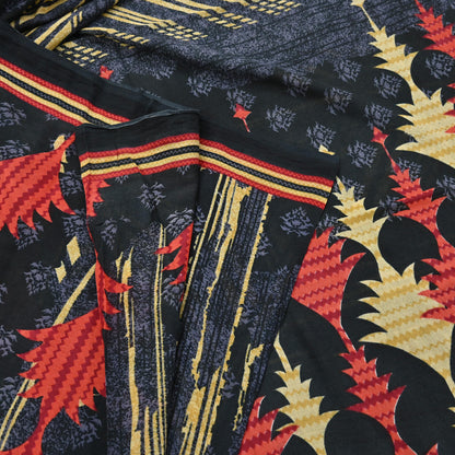 Indian Vintage Sari Gray & Black Printed Pure Cotton Sarees Fabric Floral 5Yd Sarong Wrap Boho Fabric Kimono Soft Dress making Crafting