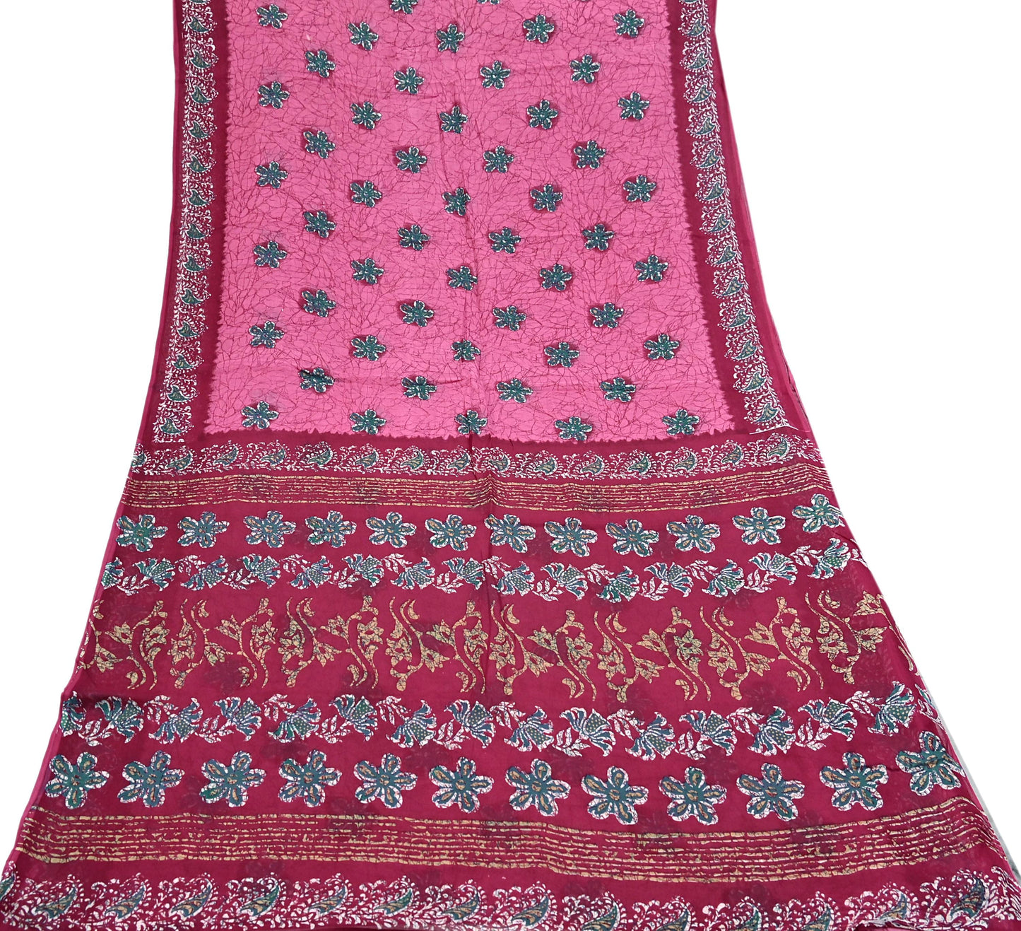 Indian Vintage Sari Pink & Red Batik Printed Saree 100% Pure Cotton 5Yd Craft Fabric Soft Sewing Sarong Wrap Boho Quilting Dress Making