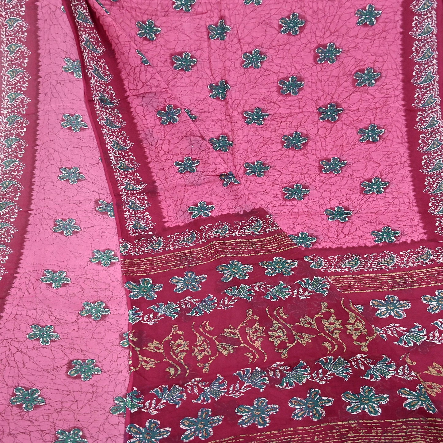 Indian Vintage Sari Pink & Red Batik Printed Saree 100% Pure Cotton 5Yd Craft Fabric Soft Sewing Sarong Wrap Boho Quilting Dress Making