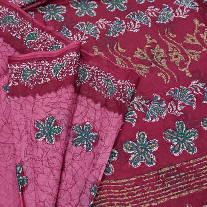 Indian Vintage Sari Pink & Red Batik Printed Saree 100% Pure Cotton 5Yd Craft Fabric Soft Sewing Sarong Wrap Boho Quilting Dress Making