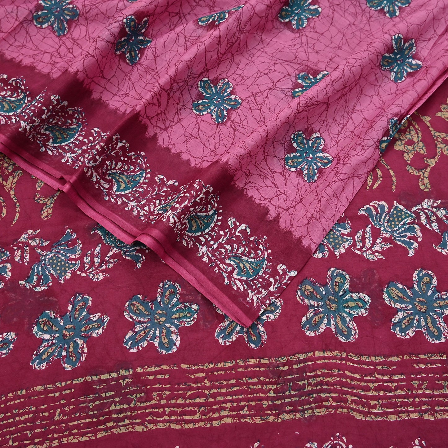 Indian Vintage Sari Pink & Red Batik Printed Saree 100% Pure Cotton 5Yd Craft Fabric Soft Sewing Sarong Wrap Boho Quilting Dress Making