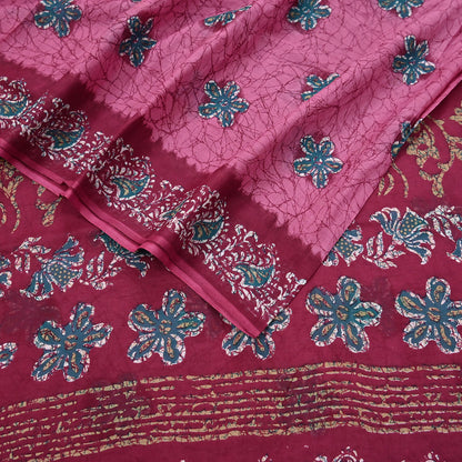 Indian Vintage Sari Pink & Red Batik Printed Saree 100% Pure Cotton 5Yd Craft Fabric Soft Sewing Sarong Wrap Boho Quilting Dress Making