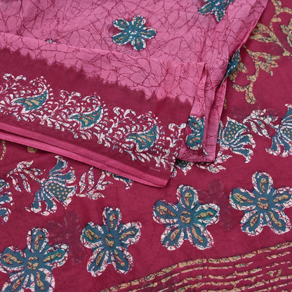 Indian Vintage Sari Pink & Red Batik Printed Saree 100% Pure Cotton 5Yd Craft Fabric Soft Sewing Sarong Wrap Boho Quilting Dress Making
