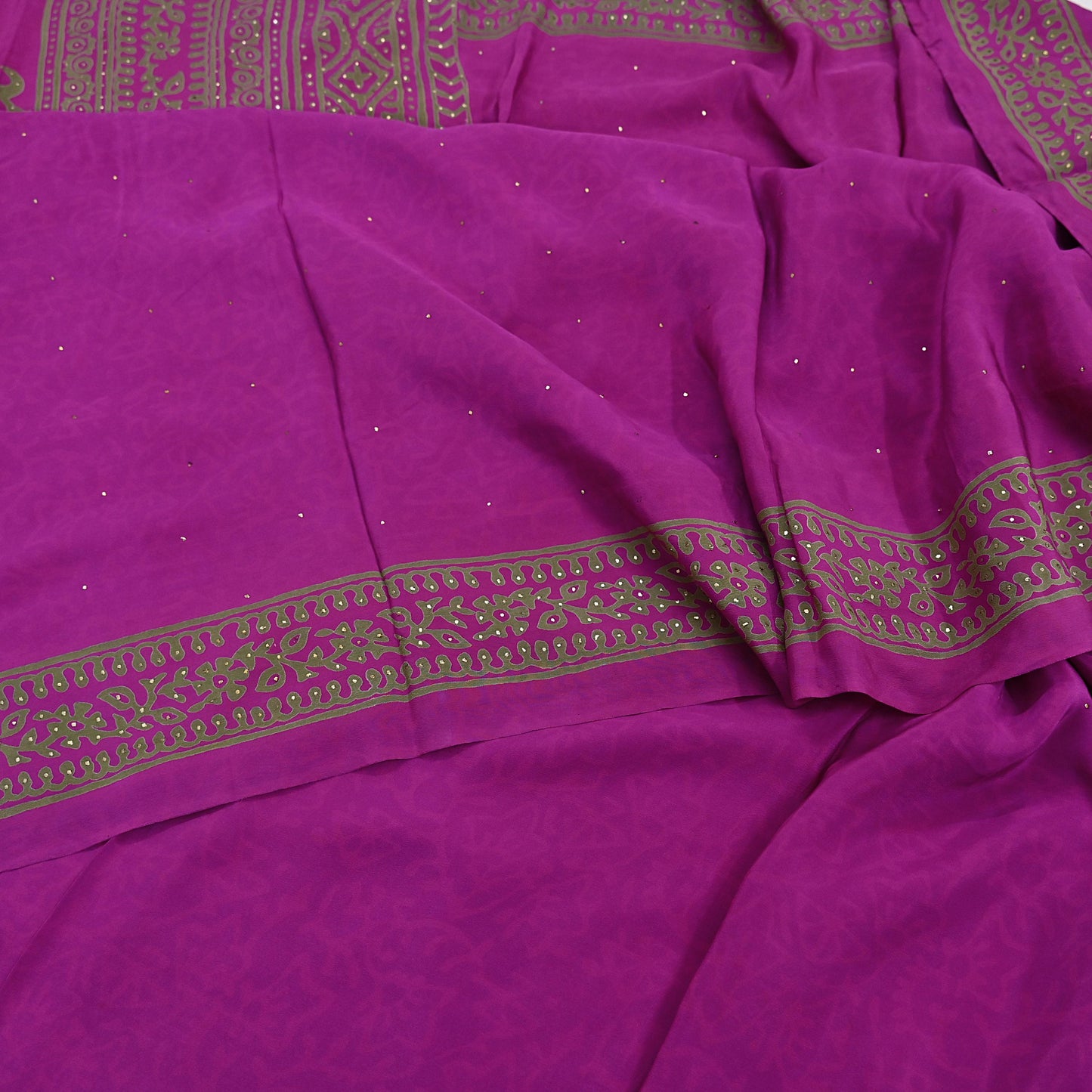 Indian Vintage Sari Pure Crepe Silk Mukesh Work Printed Saree 5yard Sewing Soft Craft Fabric Ethnic Dress making For Crafting Quilting