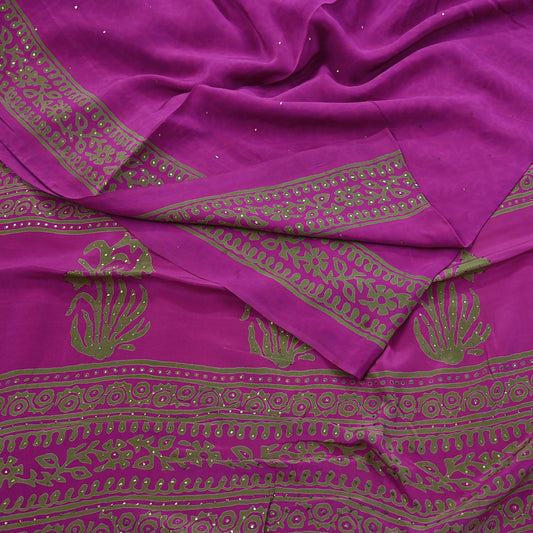 Indian Vintage Sari Pure Crepe Silk Mukesh Work Printed Saree 5yard Sewing Soft Craft Fabric Ethnic Dress making For Crafting Quilting