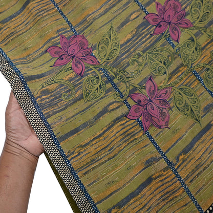 Indian Vintage Sari Green 100% Pure Georgette Silk Hand Printed Sarees Sewing 5yd Craft Fabric Soft Dress Designing for Crafting