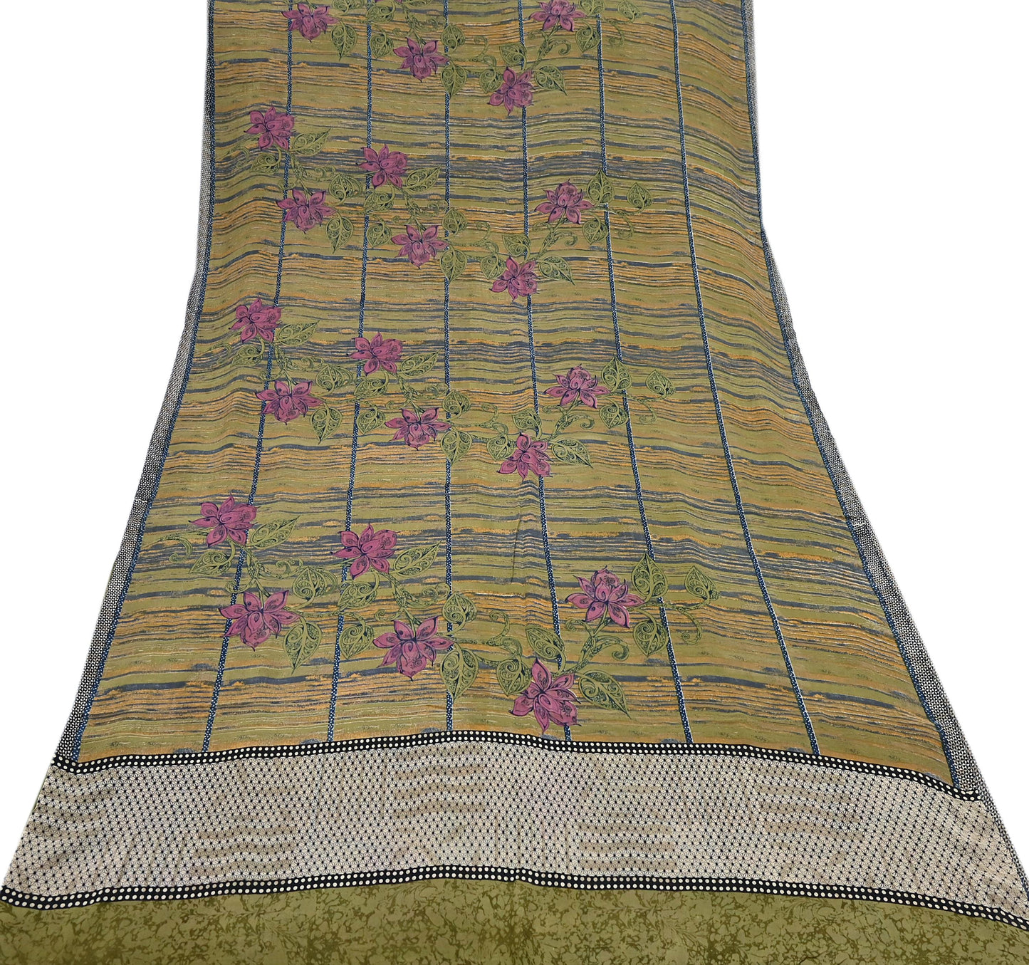 Indian Vintage Sari Green 100% Pure Georgette Silk Hand Printed Sarees Sewing 5yd Craft Fabric Soft Dress Designing for Crafting