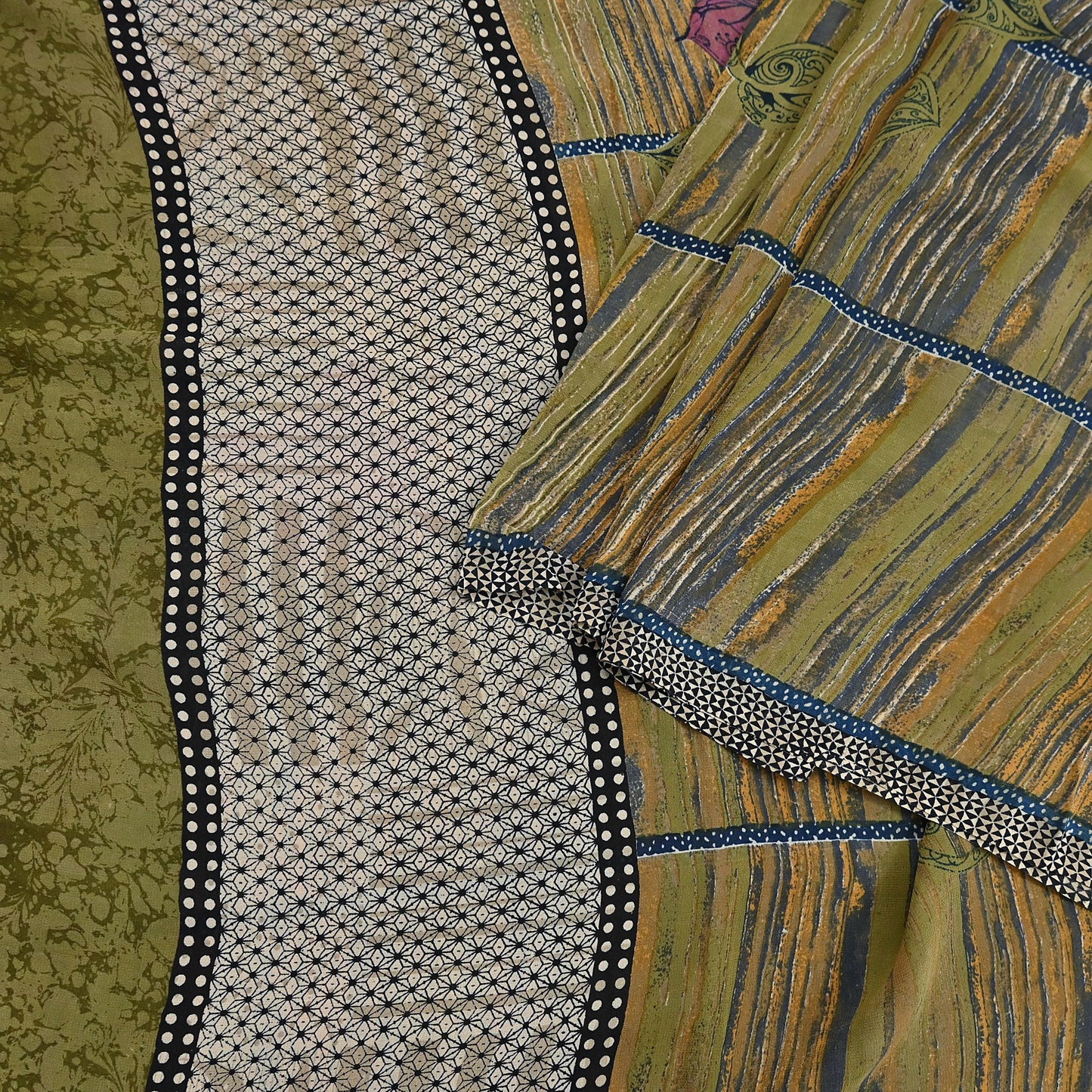 Indian Vintage Sari Green 100% Pure Georgette Silk Hand Printed Sarees Sewing 5yd Craft Fabric Soft Dress Designing for Crafting