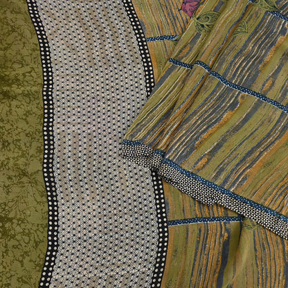 Indian Vintage Sari Green 100% Pure Georgette Silk Hand Printed Sarees Sewing 5yd Craft Fabric Soft Dress Designing for Crafting