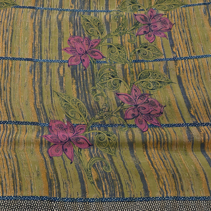 Indian Vintage Sari Green 100% Pure Georgette Silk Hand Printed Sarees Sewing 5yd Craft Fabric Soft Dress Designing for Crafting