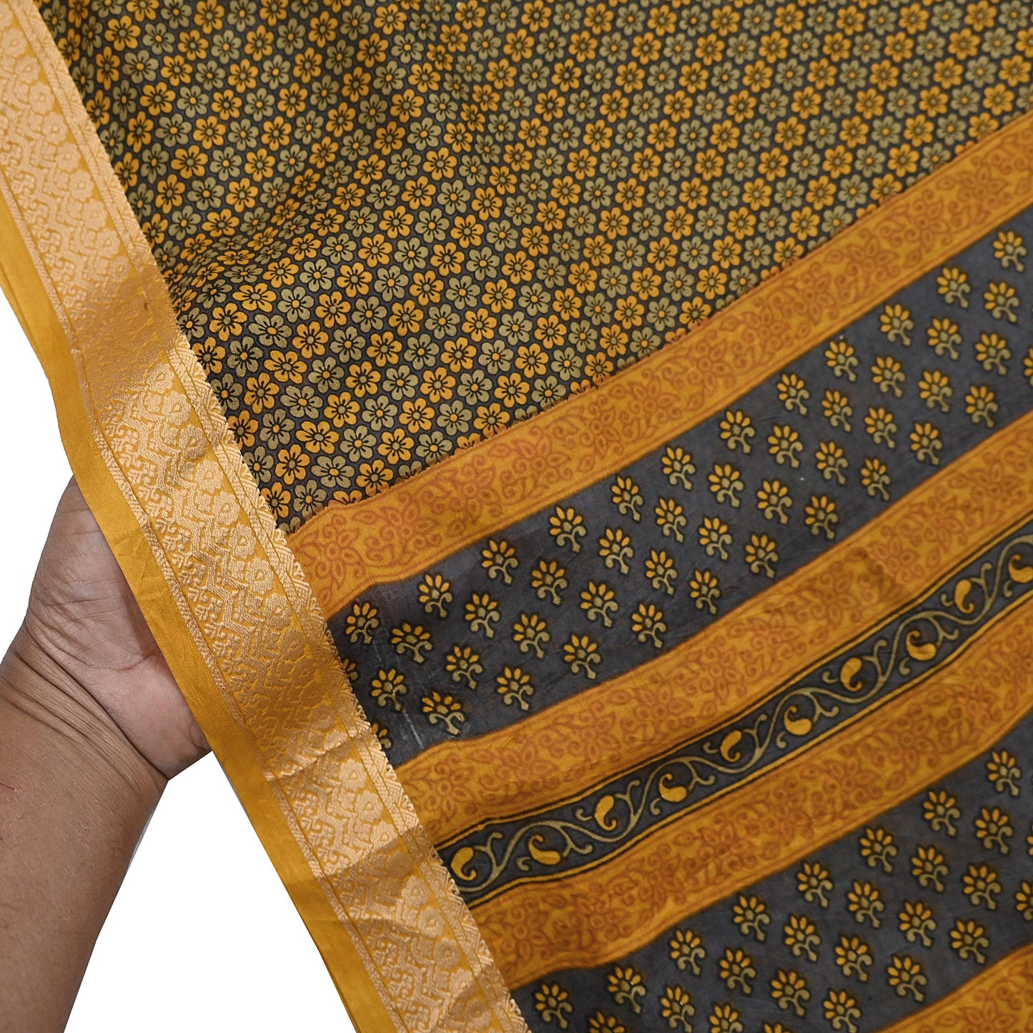 Vintage Sari Gray & Mustard Pure Silk Hand Woven Printed Saree Fabric 5yard Sewing Dress Designing for Crafting Quilting Upcycle Soft Border