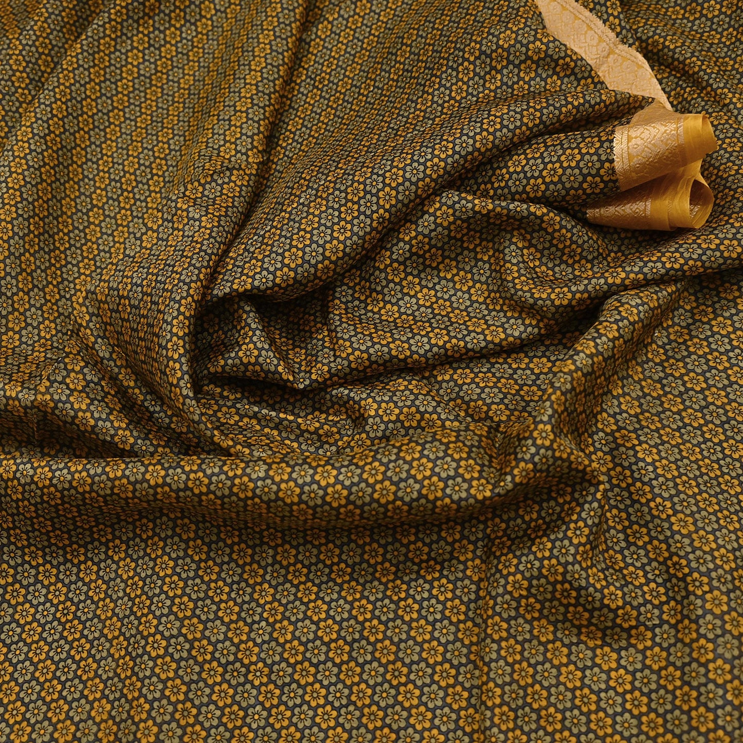 Vintage Sari Gray & Mustard Pure Silk Hand Woven Printed Saree Fabric 5yard Sewing Dress Designing for Crafting Quilting Upcycle Soft Border