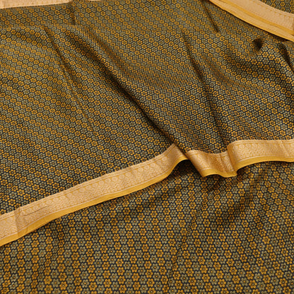 Vintage Sari Gray & Mustard Pure Silk Hand Woven Printed Saree Fabric 5yard Sewing Dress Designing for Crafting Quilting Upcycle Soft Border