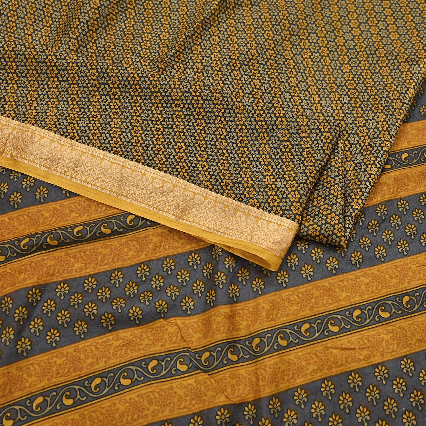 Vintage Sari Gray & Mustard Pure Silk Hand Woven Printed Saree Fabric 5yard Sewing Dress Designing for Crafting Quilting Upcycle Soft Border