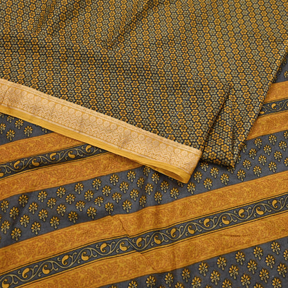 Vintage Sari Gray & Mustard Pure Silk Hand Woven Printed Saree Fabric 5yard Sewing Dress Designing for Crafting Quilting Upcycle Soft Border