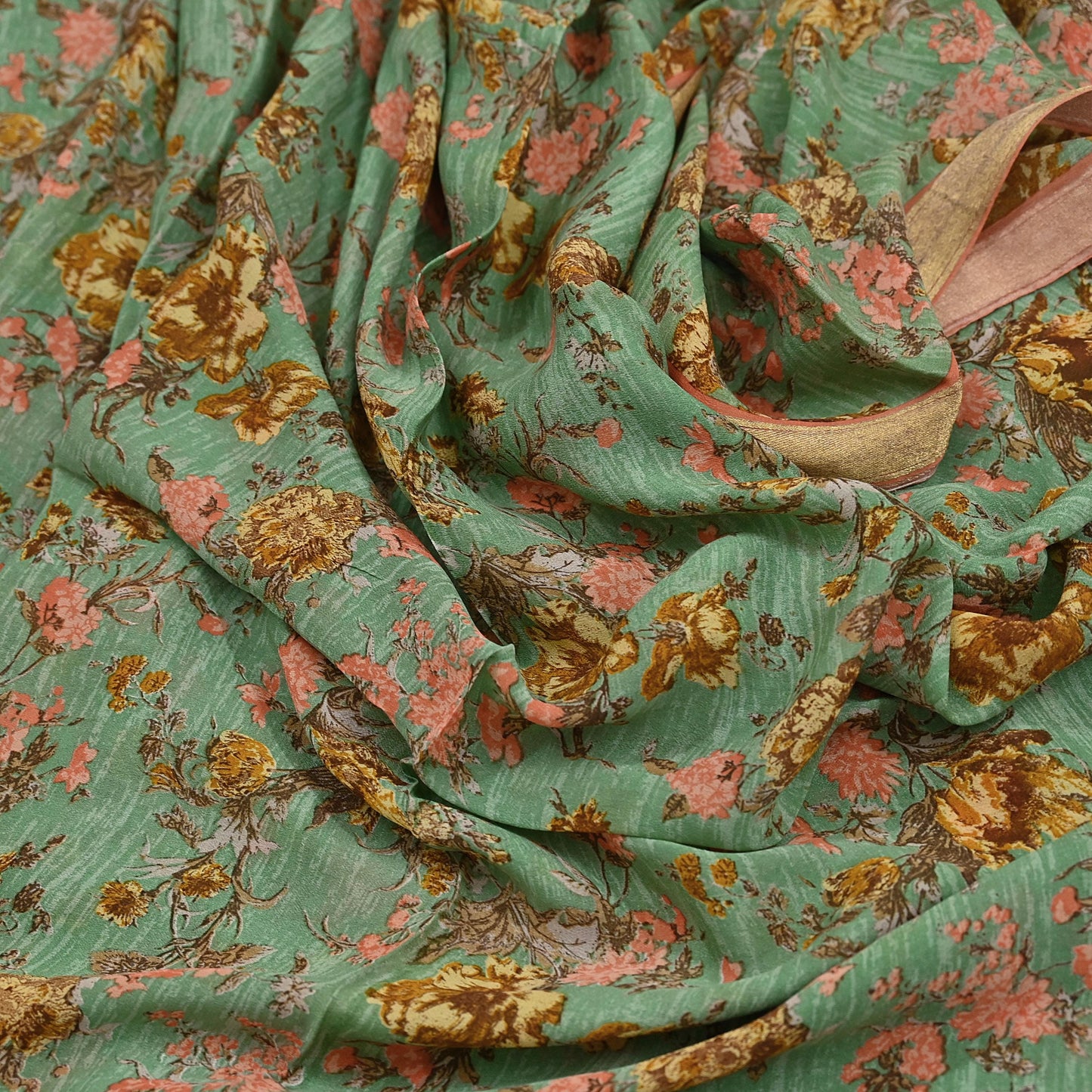 Indian Vintage Sari Green Pure Silk Printed Saree Craft Fabric 5yard Sewing DressMaking Soft Wrap Floral Zari Crafting Quilting Upcycle