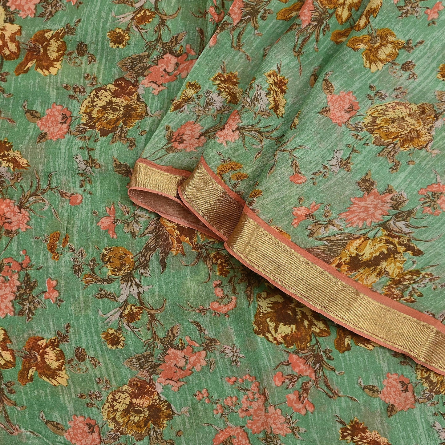 Indian Vintage Sari Green Pure Silk Printed Saree Craft Fabric 5yard Sewing DressMaking Soft Wrap Floral Zari Crafting Quilting Upcycle