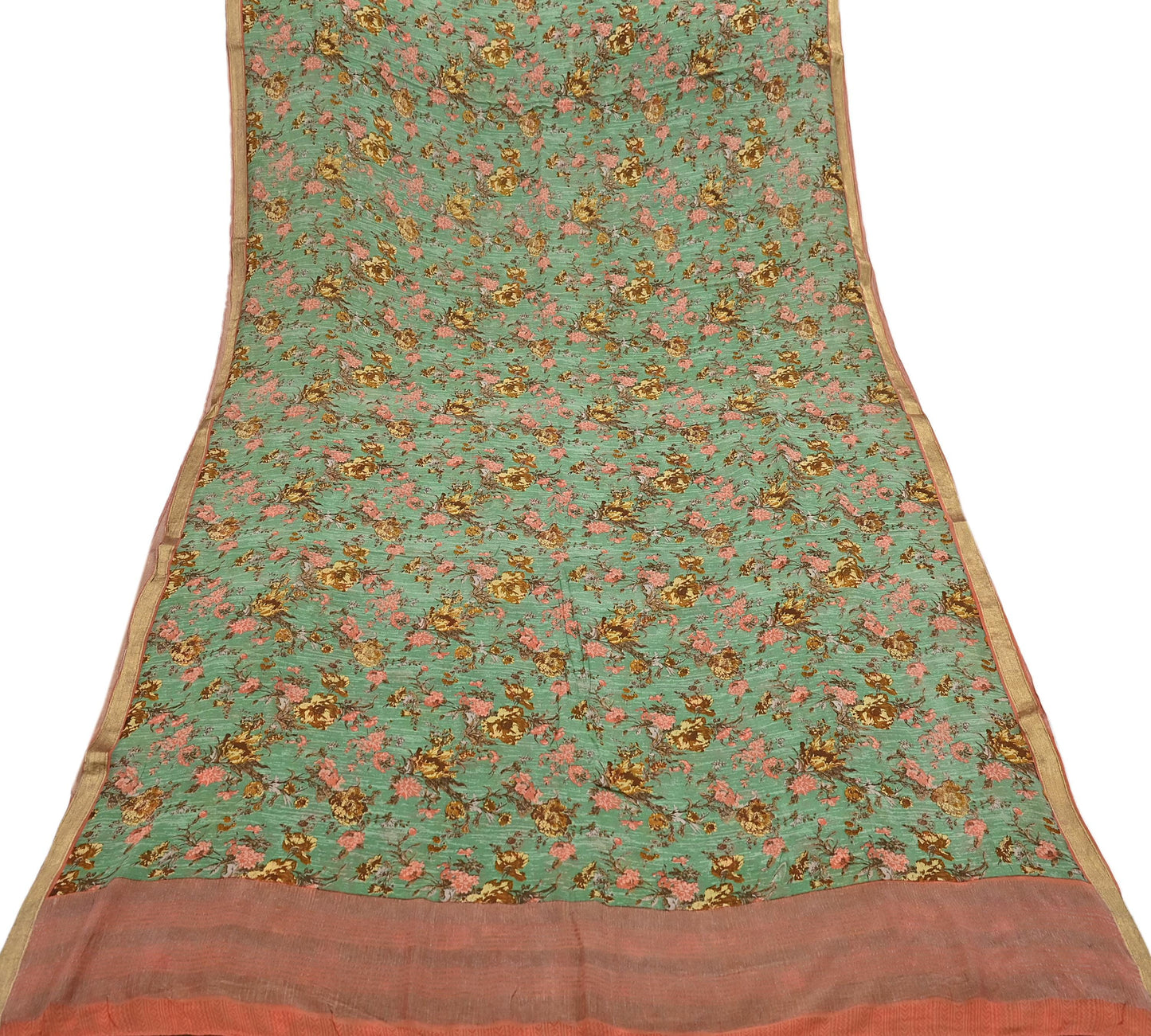 Indian Vintage Sari Green Pure Silk Printed Saree Craft Fabric 5yard Sewing DressMaking Soft Wrap Floral Zari Crafting Quilting Upcycle