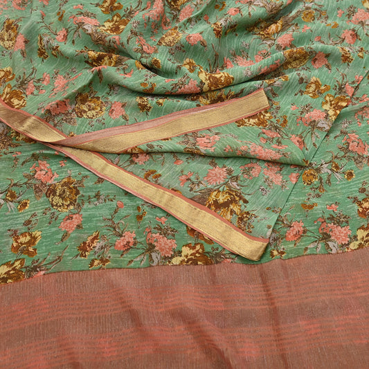 Indian Vintage Sari Green Pure Silk Printed Saree Craft Fabric 5yard Sewing DressMaking Soft Wrap Floral Zari Crafting Quilting Upcycle