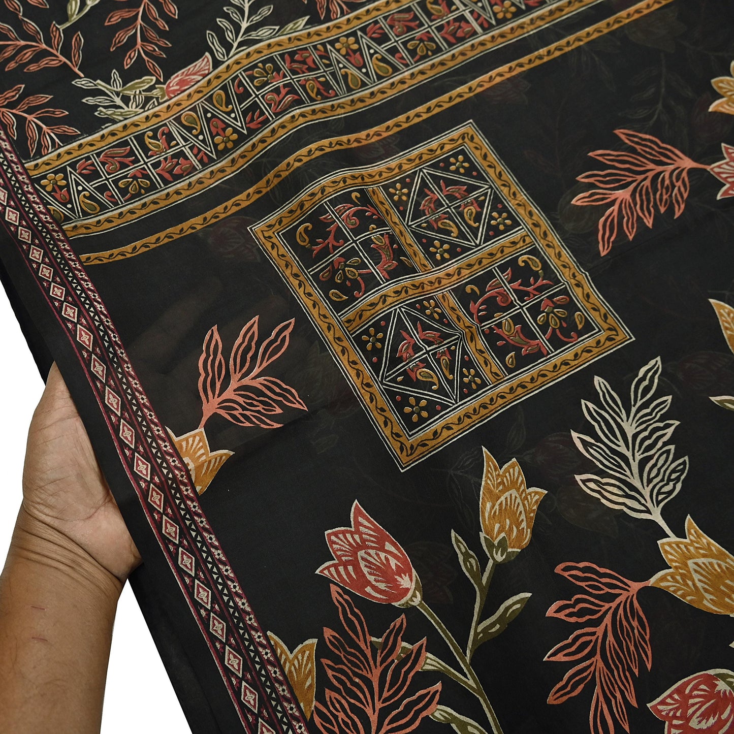 Indian Vintage Sari Black Printed Pure Silk Sarees Craft Fabric 5yd Sewing Floral Soft Dress Designing  for Crafting Quilting Upcycle Wrap
