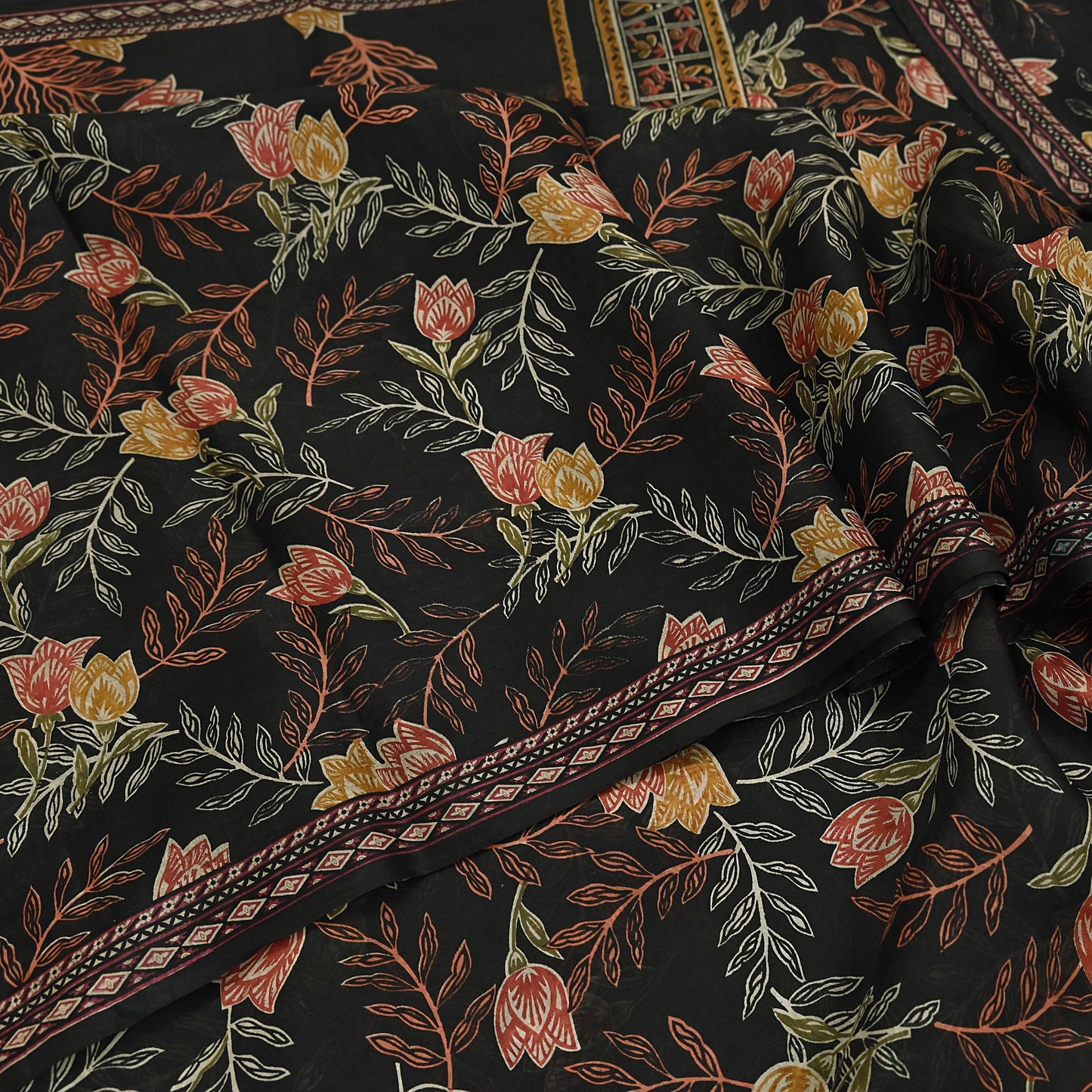 Indian Vintage Sari Black Printed Pure Silk Sarees Craft Fabric 5yd Sewing Floral Soft Dress Designing  for Crafting Quilting Upcycle Wrap