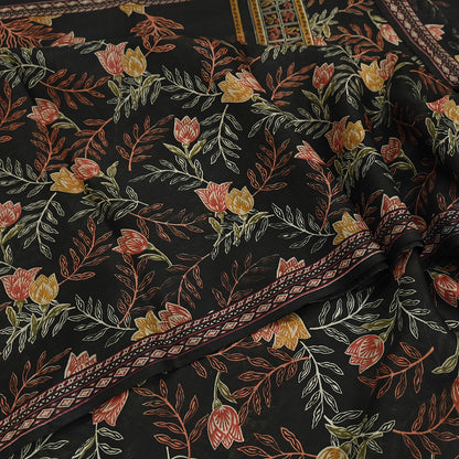 Indian Vintage Sari Black Printed Pure Silk Sarees Craft Fabric 5yd Sewing Floral Soft Dress Designing  for Crafting Quilting Upcycle Wrap