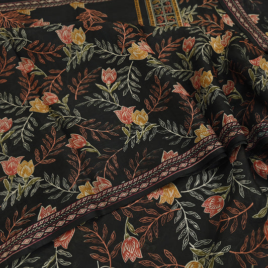 Indian Vintage Sari Black Printed Pure Silk Sarees Craft Fabric 5yd Sewing Floral Soft Dress Designing  for Crafting Quilting Upcycle Wrap