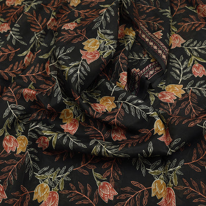 Indian Vintage Sari Black Printed Pure Silk Sarees Craft Fabric 5yd Sewing Floral Soft Dress Designing  for Crafting Quilting Upcycle Wrap