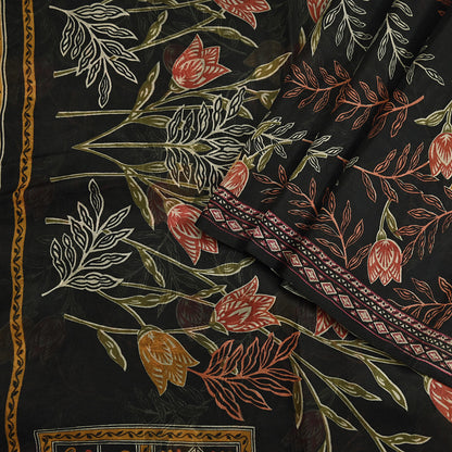 Indian Vintage Sari Black Printed Pure Silk Sarees Craft Fabric 5yd Sewing Floral Soft Dress Designing  for Crafting Quilting Upcycle Wrap