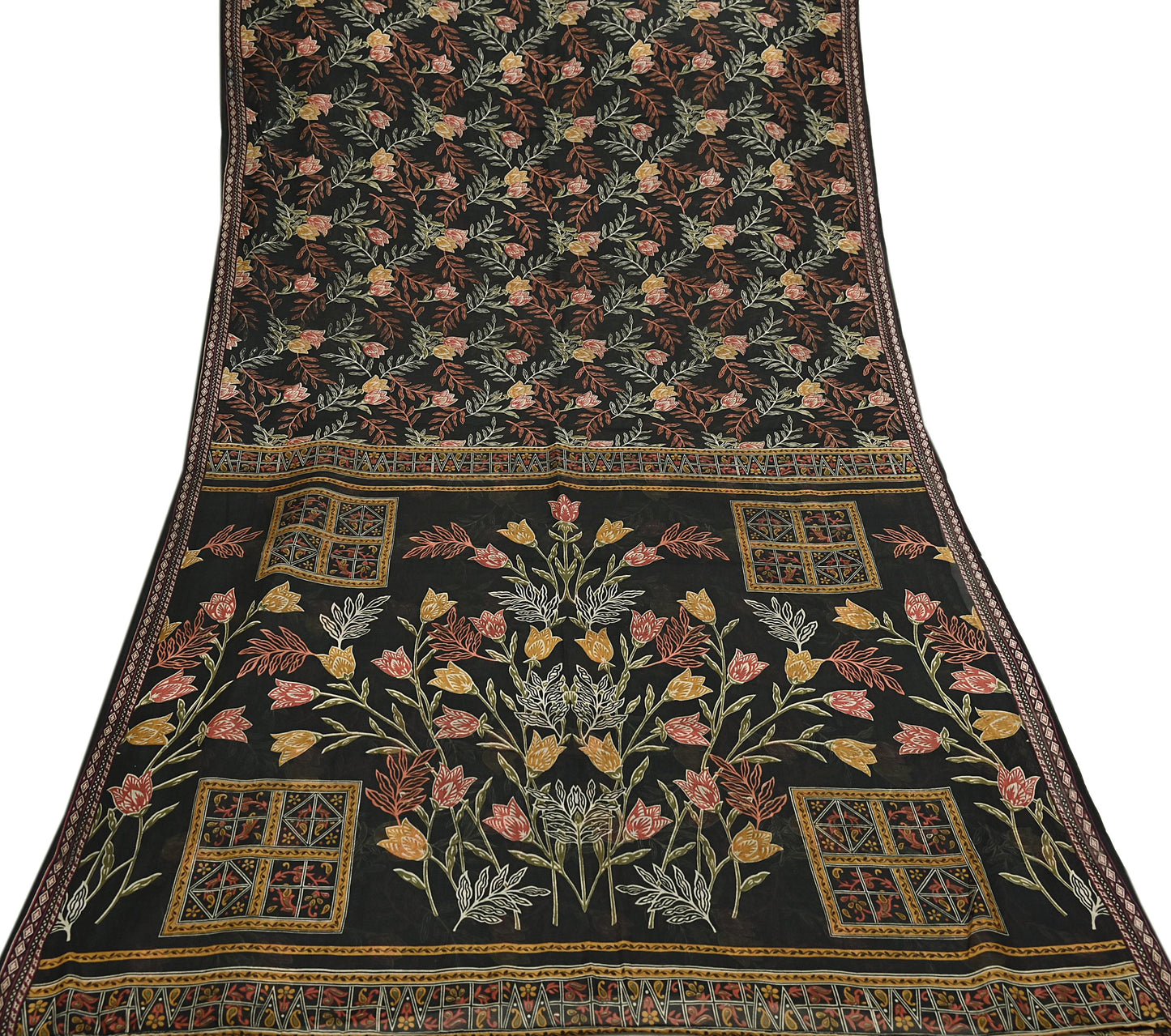 Indian Vintage Sari Black Printed Pure Silk Sarees Craft Fabric 5yd Sewing Floral Soft Dress Designing  for Crafting Quilting Upcycle Wrap