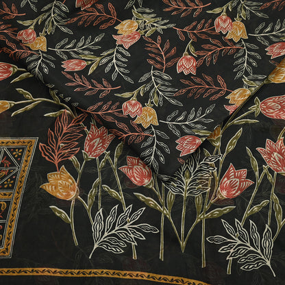 Indian Vintage Sari Black Printed Pure Silk Sarees Craft Fabric 5yd Sewing Floral Soft Dress Designing  for Crafting Quilting Upcycle Wrap